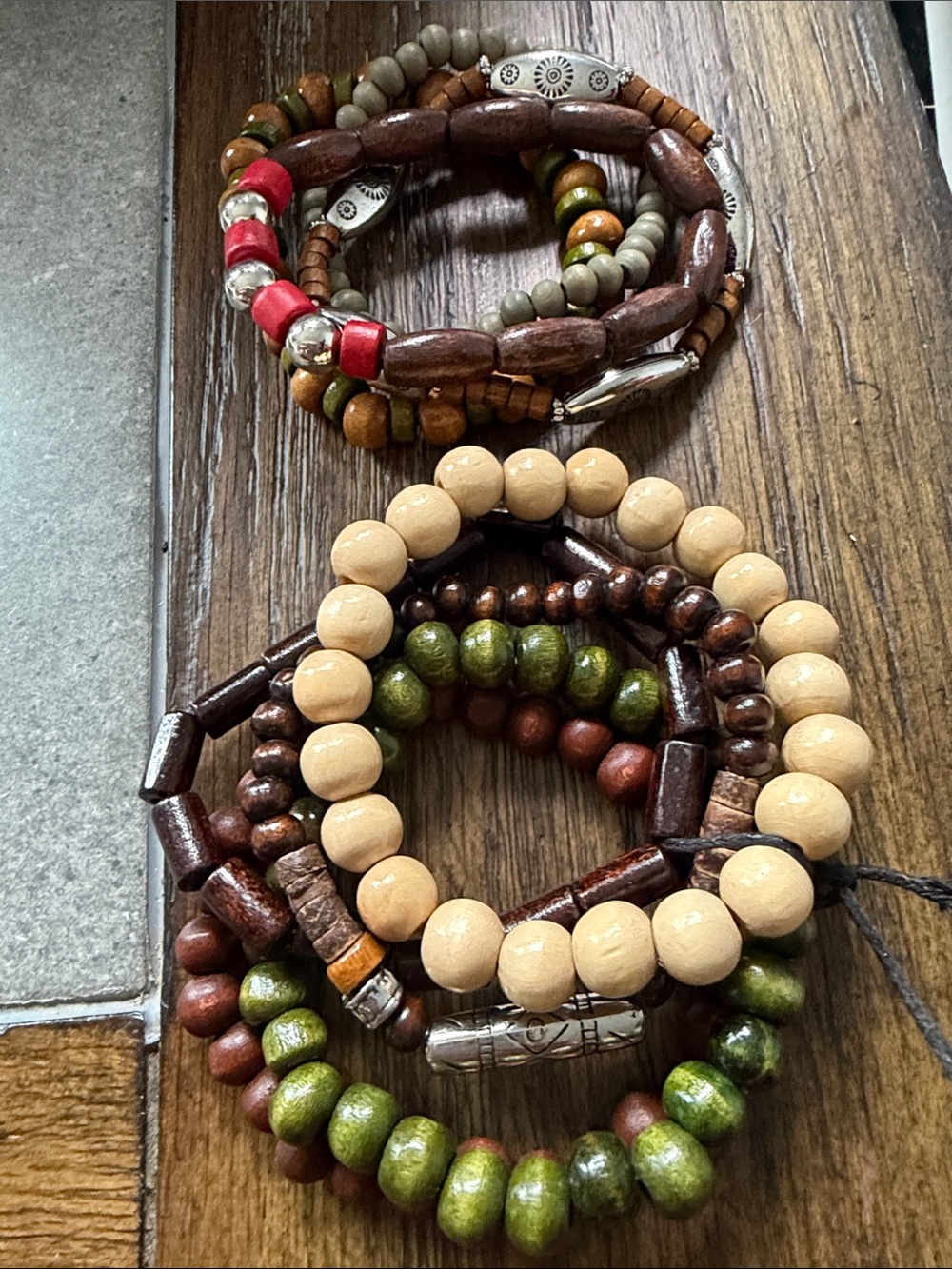 Natural Wood Beaded Bracelet Set - Green, Brown & Beige